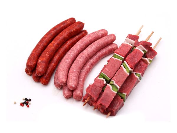 Brochettes de bœuf x 12 + chipolatas x 15 + merguez x 15