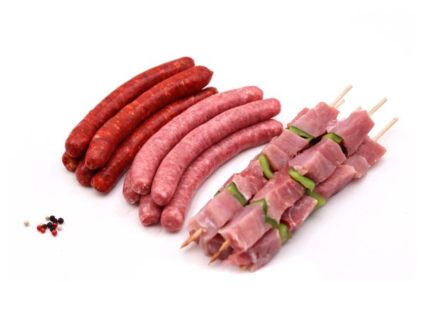 Brochettes de porc x 12 + chipolatas x 15 + merguez x 15