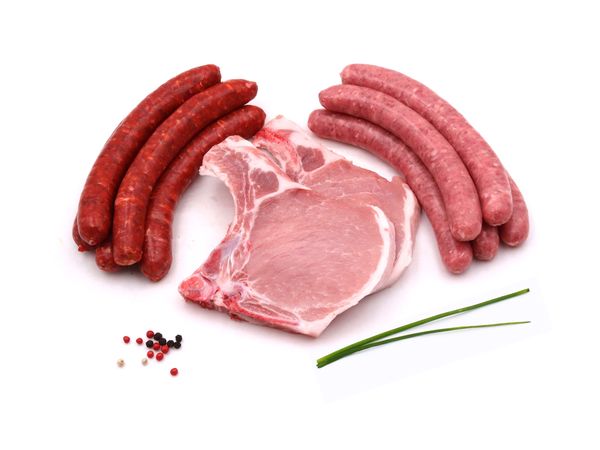 Côtes de porc français x7 + chipolatas x15 + merguez x15